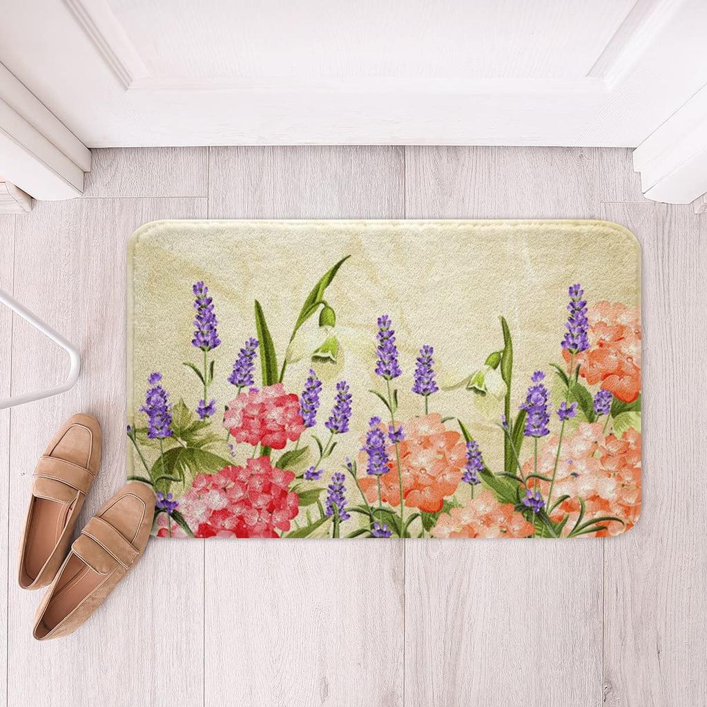 Purple Flowers Rug Watercolor Lavender Carpet Romantic Floral Doormat for Girls Teen,Wild Country Style Garden Flower Floor Mat