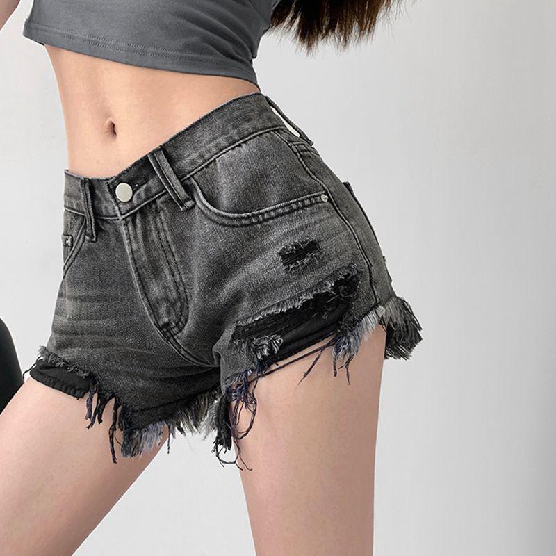 Women's High-Waist Retro Ripped Denim Shorts - Slimming A-Line, Irregular Raw Edge, Wide-Leg Style for Spring & Summer