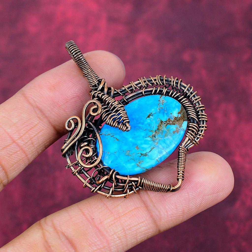 Tibetan Turquoise Pendant Handmade Pendant Copper Wire Wrapped Gemstone Jewelry