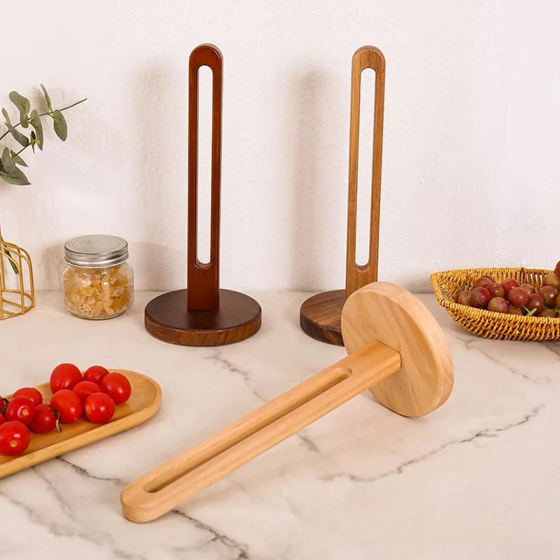 Wooden Paper Towel Holder Kitchen No-Punch Paper Roll Holder Rag Clingfilm Fresh Bag Vertical Solid Wooden Organizer
