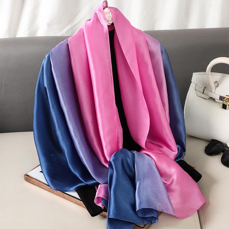 Luxury Gradient Silk Scarf Women Brand Solid Femme Shawls Wraps Bandana Head Foulard Fashion Lady Hijab Wedding Poncho