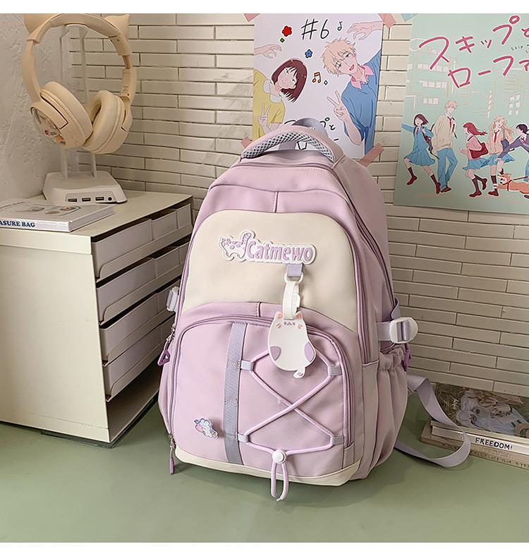 Fashionable Blocked Color Letter Cat Pattern Student Backpack Pendant With