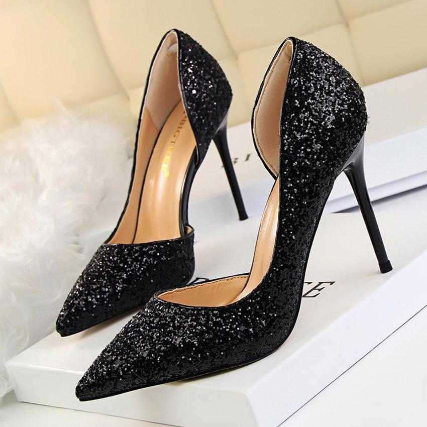 Bigtree Women's Thin Heel 9.5CM High Heel Shallow Mouth Pointed Side Cut Out Sequin High Heel Shoes