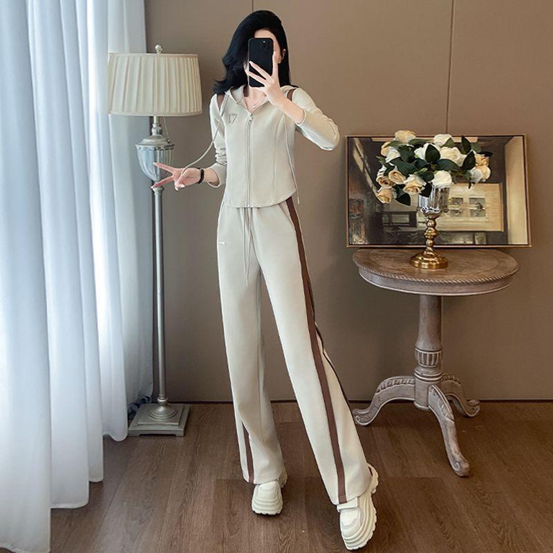 

Women s 2 Piece Tracksuit Set Beige Hooded Zip Up Jacket Wide Leg Pants Casual Sportswear Outfit L хаки