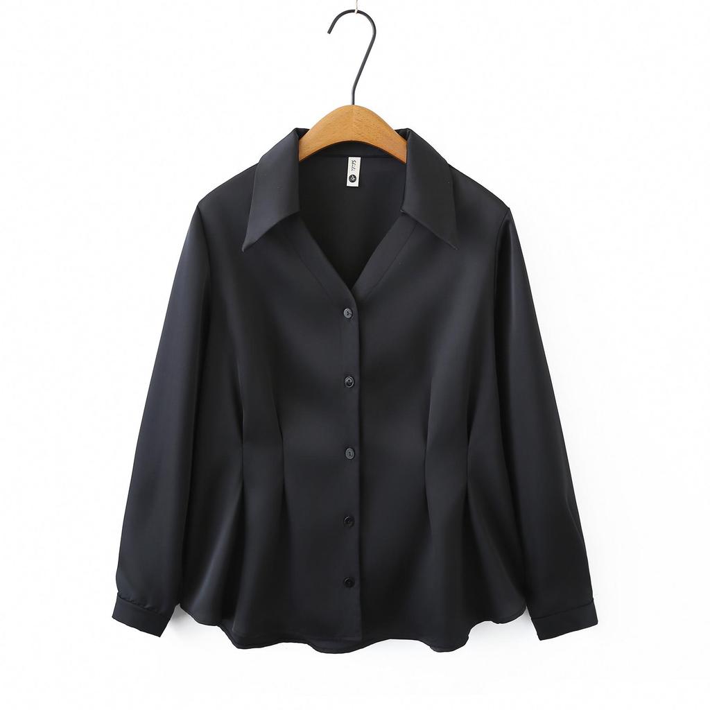 2026 Spring Plus Size Women's V-Neck Long Sleeve Pleated Cardigan Top