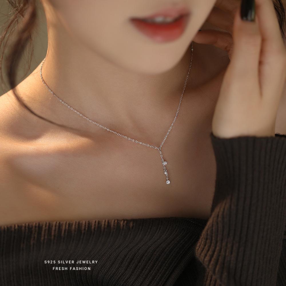 925 Sterling Silver Light Luxury Tassel Shiny Zircon Necklace for Women Korean Exquisite Party Wedding Jewelry Accessories