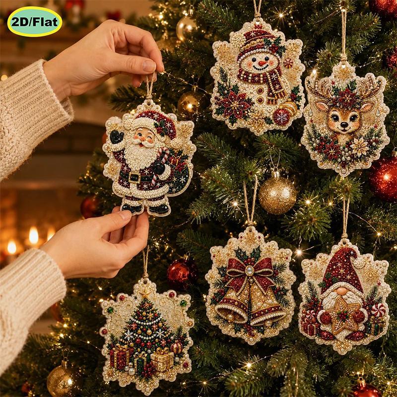 6pcs DIY Pearl Diamond Painting 2D Combination Set Animal Pattern Wooden Christmas Tree Pendant Holiday Party Artware Decoration