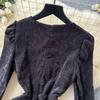 Women's Heavy Diamante Round Neck Long Sleeve Splicing Receiving Waist Sequins Mesh Irregular Dress