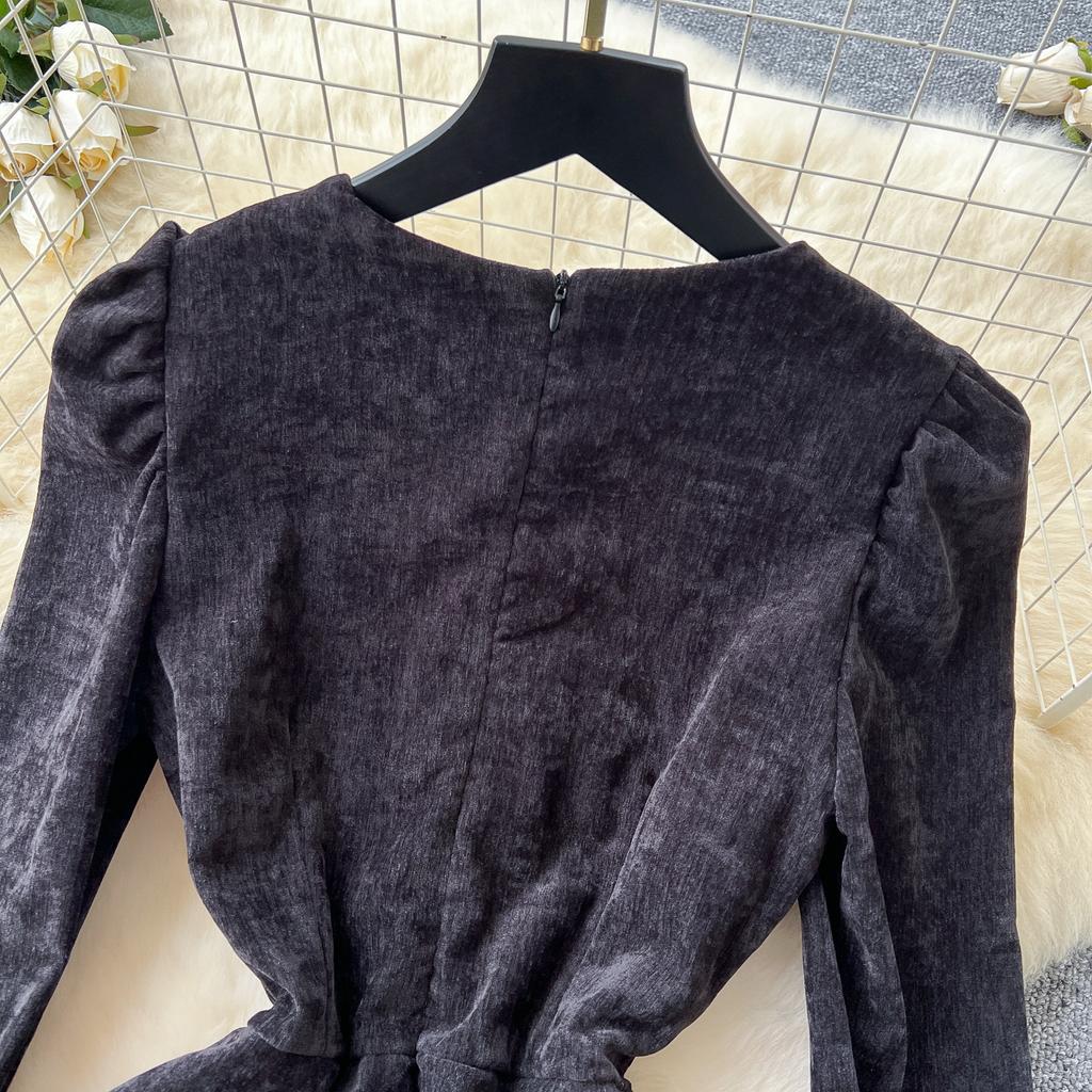 Women's Heavy Diamante Round Neck Long Sleeve Splicing Receiving Waist Sequins Mesh Irregular Dress