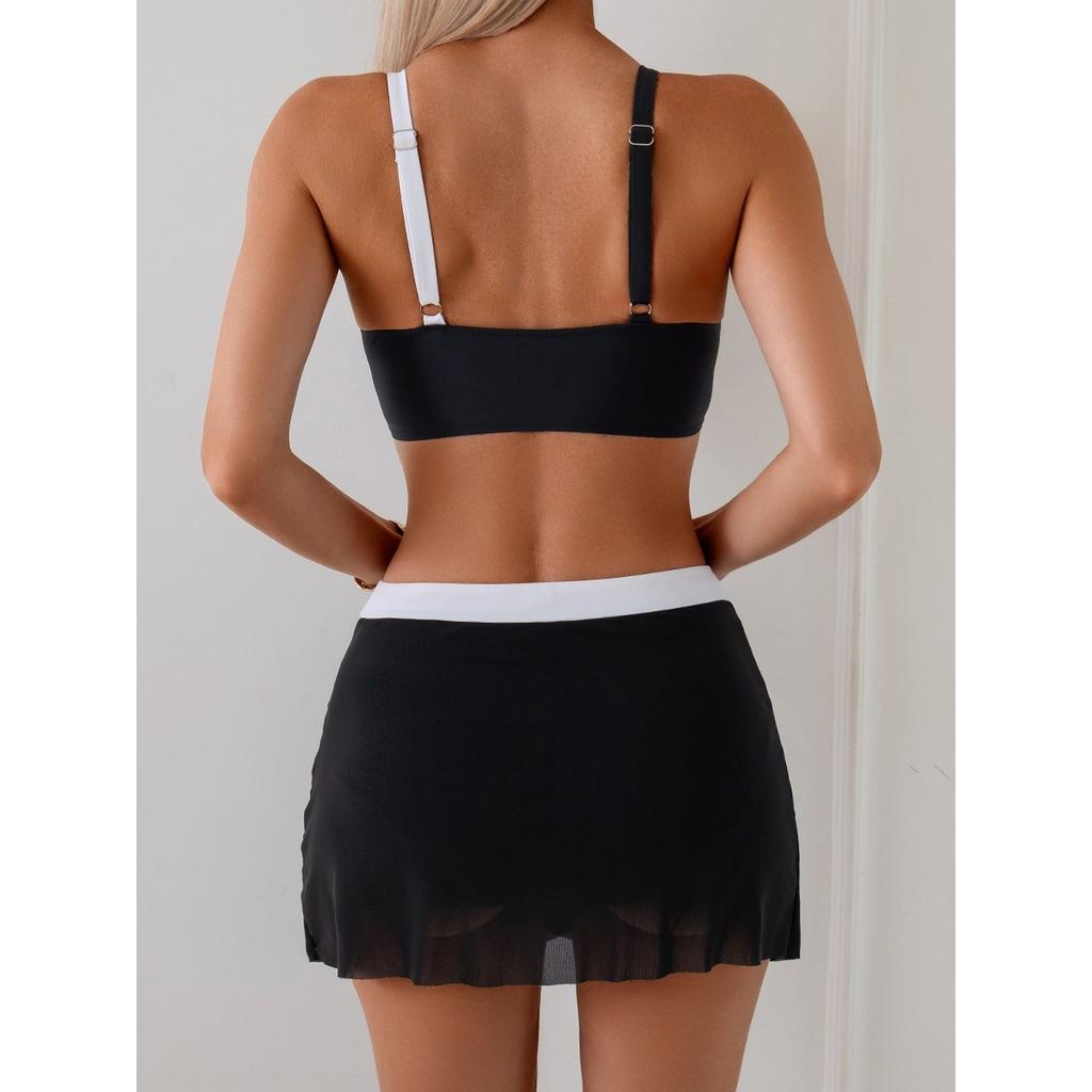 Women's Swimsuit, Patchwork Swimsuit, Deep V-neck, Two-piece Swimsuit, Mesh Skirt Sports Swimsuit