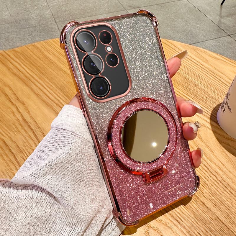 Suitable for Samsung S25 Ultra Electroplated Four Corner Airbag Mobile Phone Case S24 Makeup Mirror A17 Bracket A26 Anti Fall Cover 5