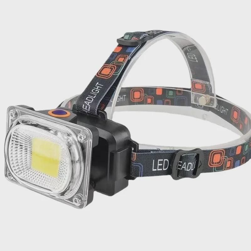 Rechargeable LED Headlamp with 18650 Battery, COB Floodlight, and Red/Green Warning Flash.