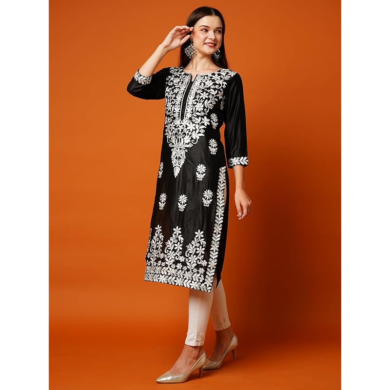 GoSriKi Women s Cotton Blend Straight Chikankari Embroidered Kurta (Chin-Purple-NW-GS_4XL_Purple_XXXX-Large) S чёрный