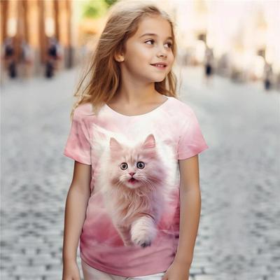 Jenter 3D katteskjorter Rosa kortermet 3D-trykk Sommer Aktiv mote Søt polyester Barn 3-12 år Rundhals Utendørs Uformell