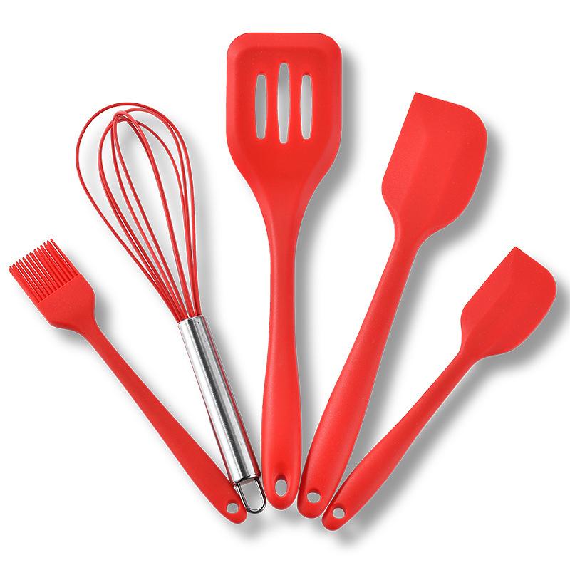 5Pcs Silicone Kitchen Cooking Utensils Set Non-Stick Flexible Kitchen Tools With Cake Spatula Whisk Oil Brush And Cooking Shovel