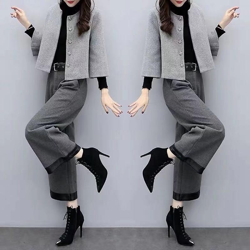 Two Piece Overpants Woolen Short Coat Wide Leg Pants Casual Fashionable Set Women Women's Autumn Winter