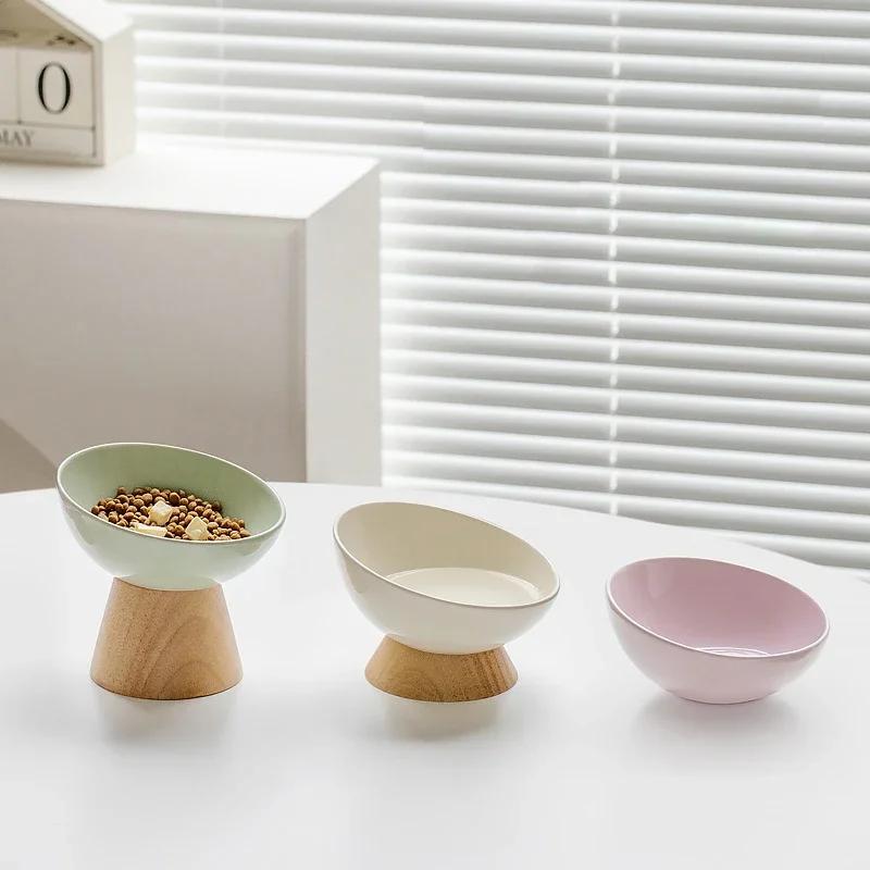 Cat Tilted Ceramic Bowl Small Dogs Elevated Food Water Feeders Pet Drinking Eating Supplies with Wooden Stand