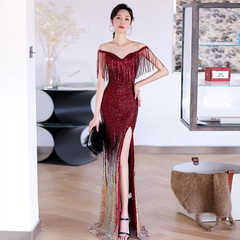 Fishtail Banquet Dress Women's 1011 Autumn and Summer New Tassel Sequins Heavy Industry Host Aura Annual Meeting Evening Dress