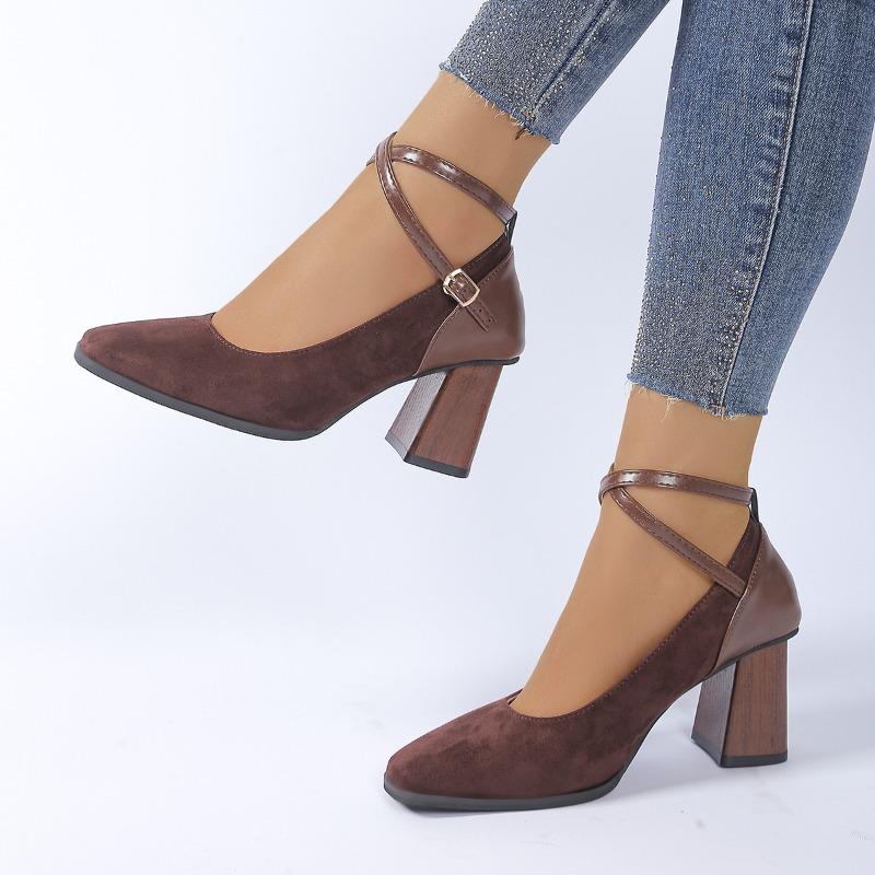 Modne buty na słupku Damskie modne buty z kwadratowym noskiem Płytkie zamszowe Krzyżowane Cienkie paski Jedna klamra Antypoślizgowe Obcasy