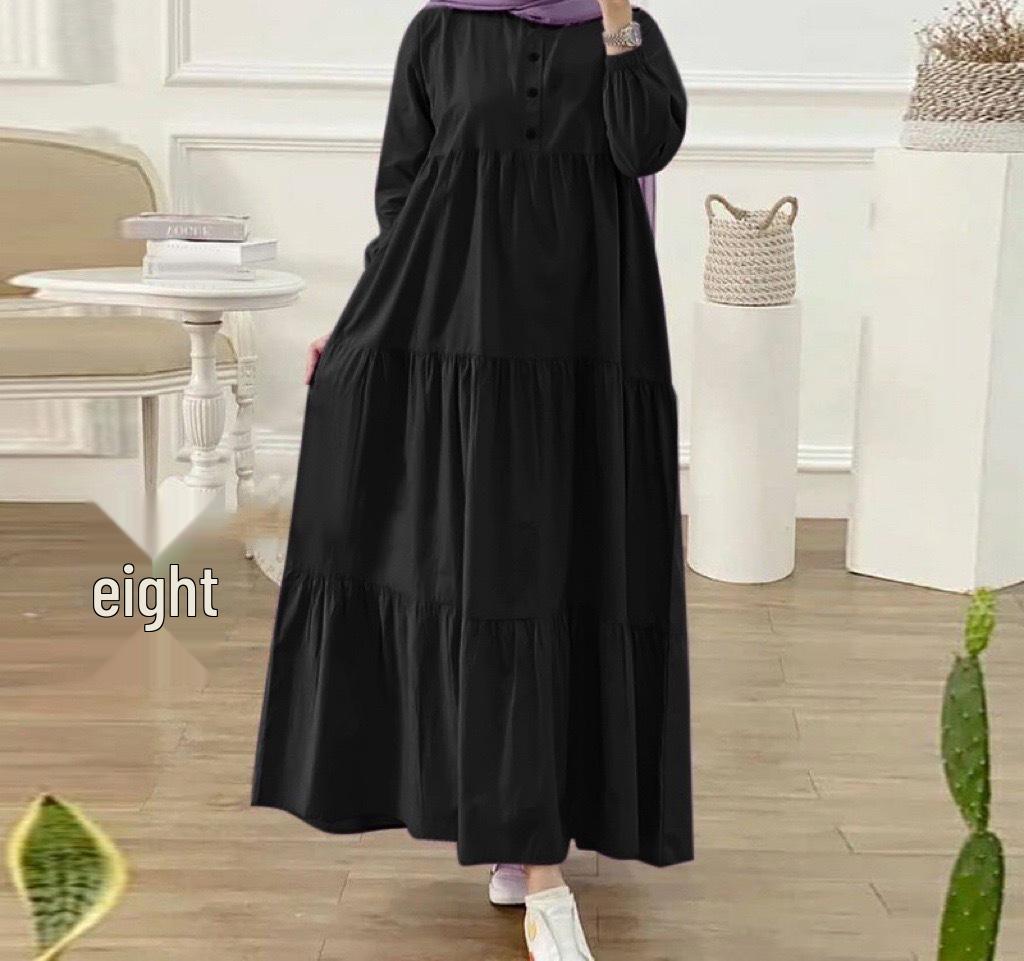 

2024 Muslim Solid Color Loose Casual Button-Down Cotton Linen Dress with Long Sleeves 2XL