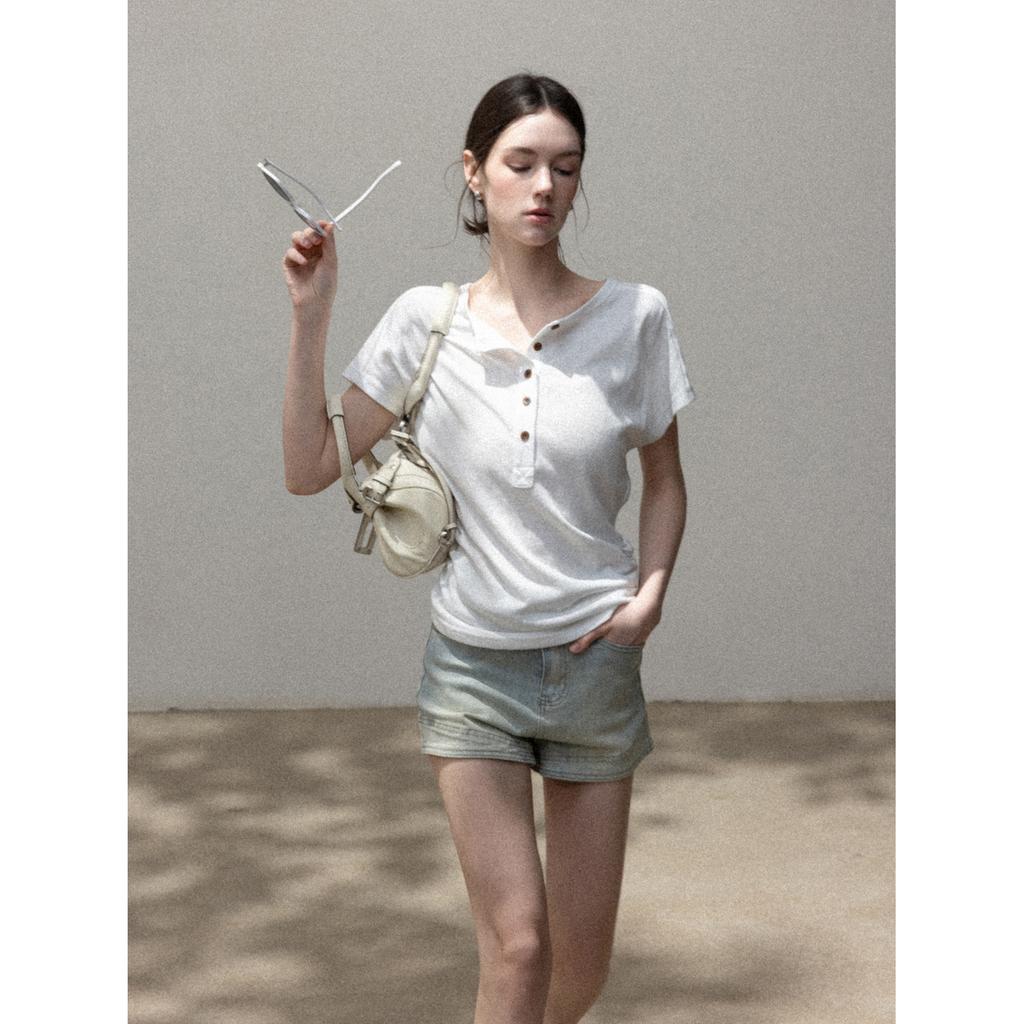 French White Henry Neck Front Shoulder Waist Short Sleeve T-Shirt Women's Summer Loose Skinny Top