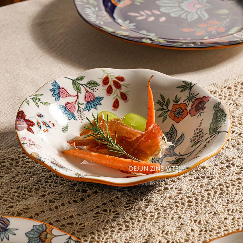 1pc Thickened Ceramic Plates Household Exquisite Noodle Bowls Chinese Ceramic Fruit Salad Plates Kitchen Tableware Accessories