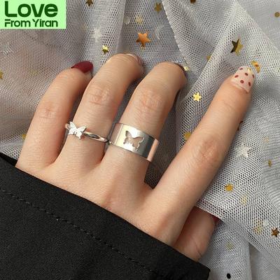 En Trendy Silver Color Butterfly Rings For Women Men Lover Couple Rings Set Wedding Open Rings Fashion  Valentine 'S Jewelry