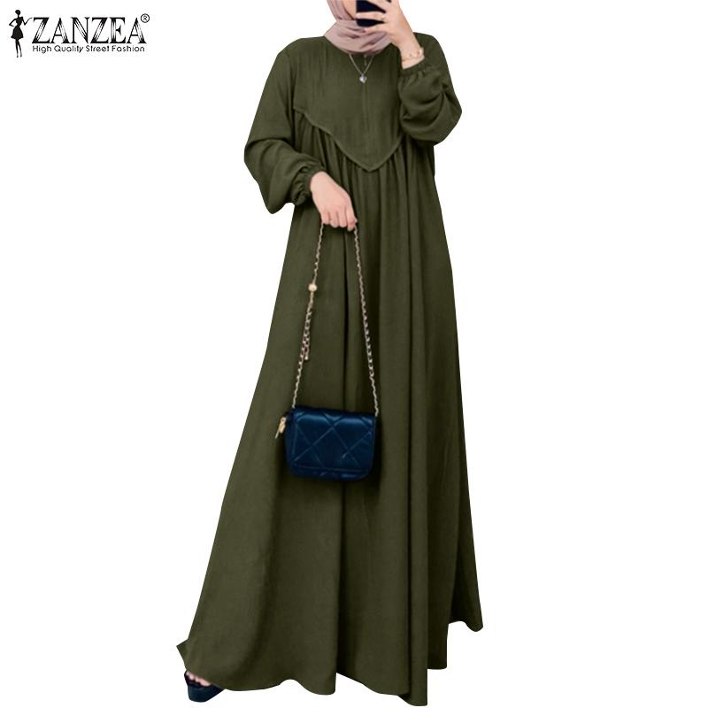 

ZANZEA Женское повседневное однотонное свободное длинное платье с круглым вырезом и пышными рукавами