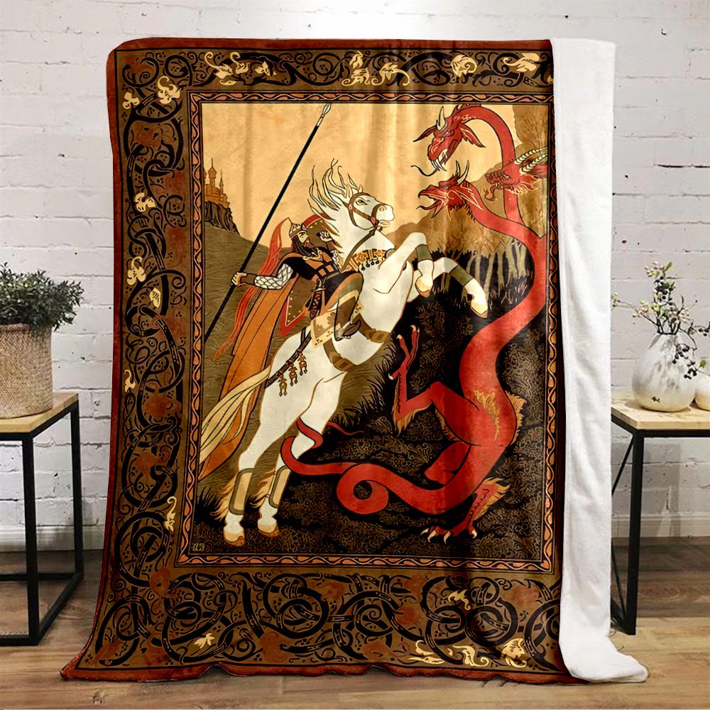 Knight Battling Dragon in Medieval Art Flannel blanket for bedroom, living room, sofa, and nap sofas.