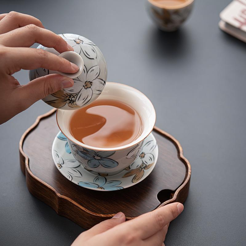 Ice Grey Underglaze Tureen Sancai Hand-painted Floral Tea Bowl Japanese Cherry Blossom Ceramic Gaiwan Chinese Kung Fu Teaware