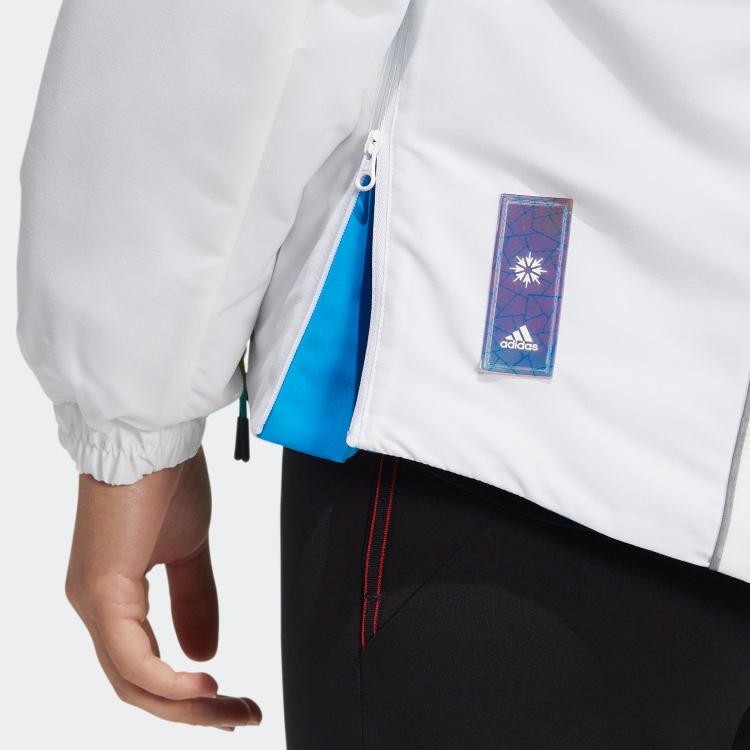 Adidas Geometric Pattern Logo Print Zip Hooded Jacket, Soft Lightweight Casual Outerwear For Women White HC0283