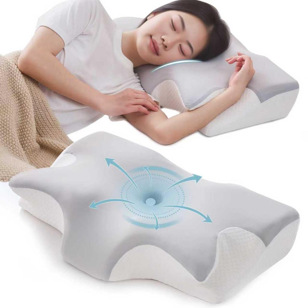 Rakukureya Memory Foam Pillow for Neck Pain Relief and Comfort [Concave Hollow Design for Ears and Back, Breathable, Double Pillowcase, Adjustable to