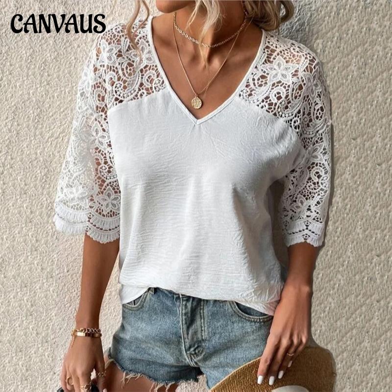 Damen-T-Shirt, Sommer, locker, lässig, V-Ausschnitt, Spitze, hohl, Fünf-Punkt-Ärmel, T-Shirt für Damen