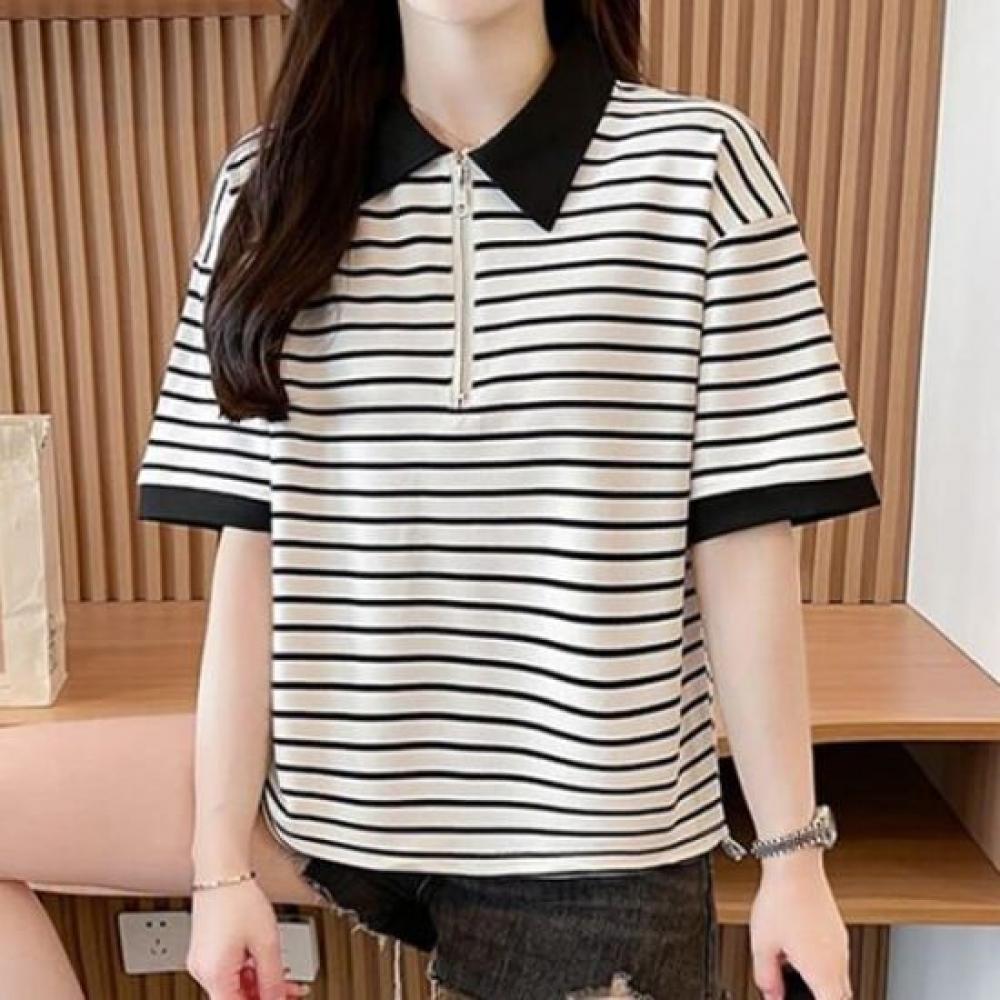 Navava Men S NT2467 STripe Color Block Zip Collar ShorT Sleeve T ShirT