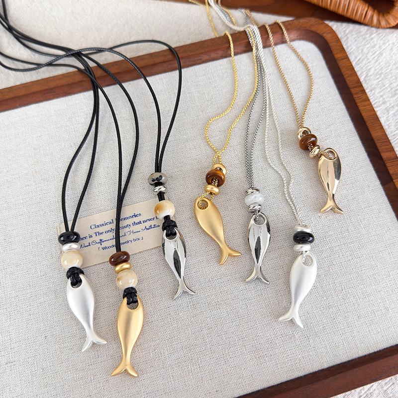 2026 Trendy Metal Fish Pendant Long Chain Leather Cord Necklace For Women Men Summer Fashion Personalized Charm Neck Jewelry