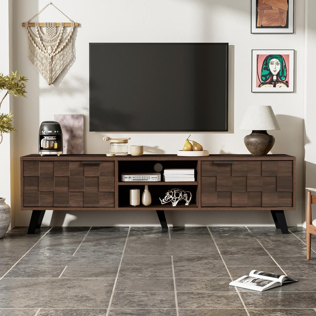 Mueble de TV moderno con 2 puertas y 2 compartimentos abiertos en veta de madera oscura – 160,5 x 35,5 x 45 cm