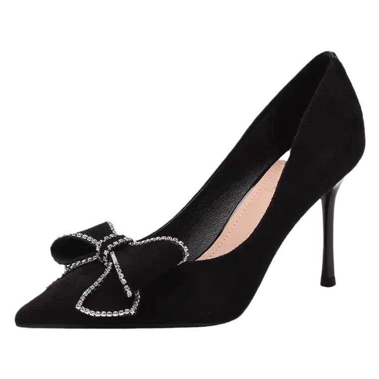 High heels women's spring 2025 new black bow rhinestone pointed thin heel versatile non-slip women's single shoes large size