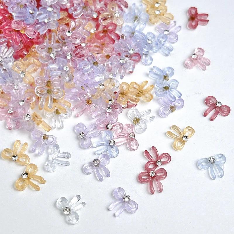 10PCS Solid Color Minimalist Bows Nail Charms Translucent Jelly Bowknots Mini Rhinestones Inlaid Nail Art Decorations for DIY