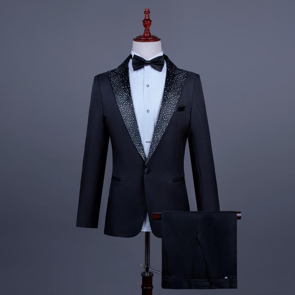 Men's Single-Breasted Rhinestone Suit Set for Banquet and Performance
