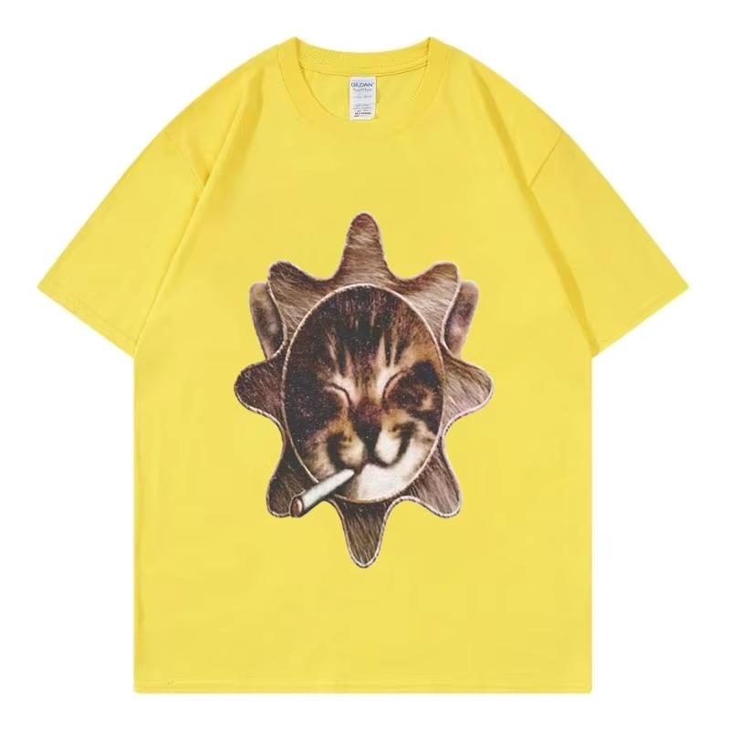

2026 Summer Mens Kitten Sun Printed Round Neck Tshirt Neutral Trendy Retro Leisure Comfortable 100 Cotton Street Short Sleeve 4XL