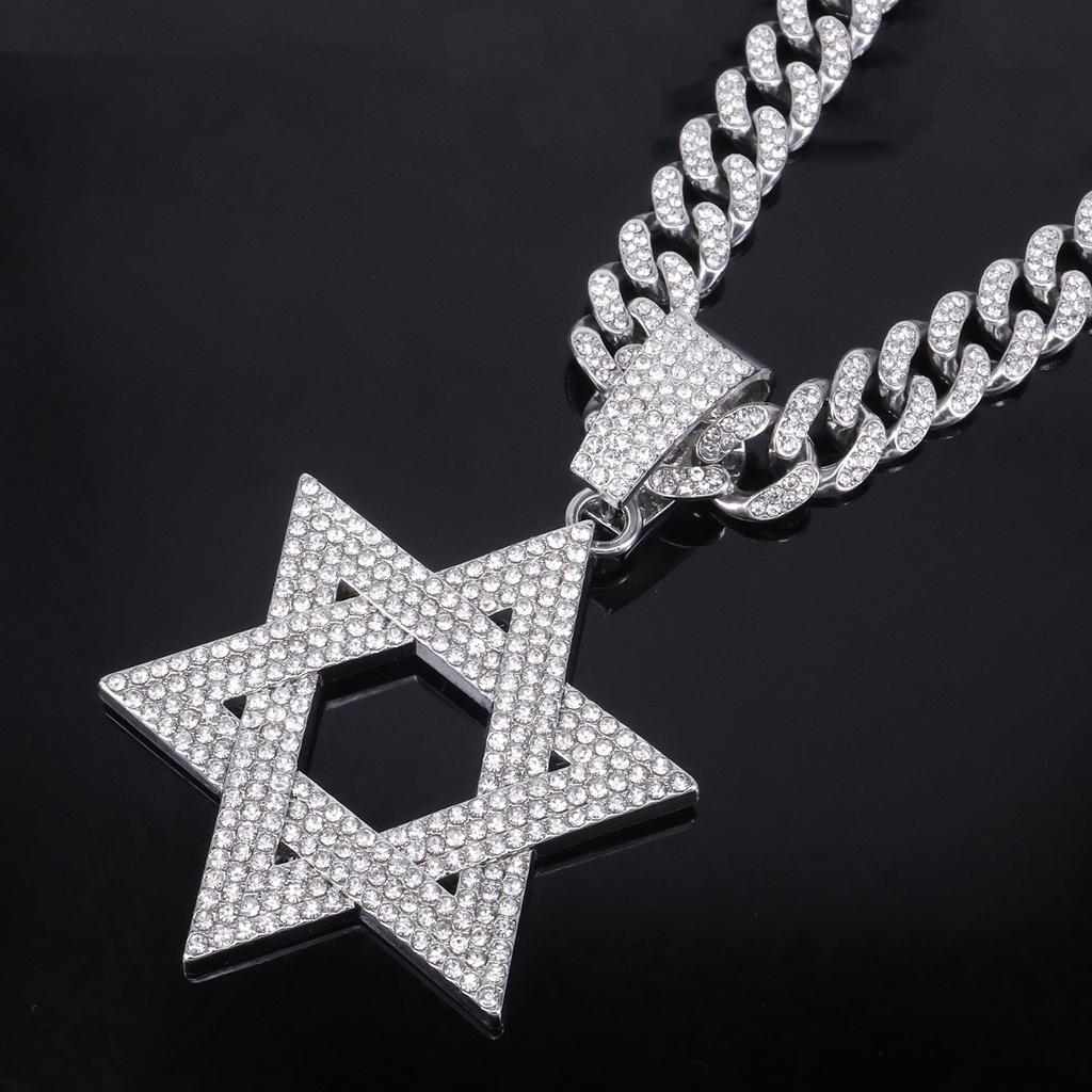 Hip Hop Alloy Necklace Trendy Full Rhinestone Hollow Star of David Pendant European American Rap Street Fashion Accessories