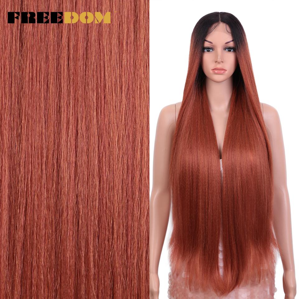 

FREEDOM Yaki Straight Synthetic Lace Wigs For Women Ombre Brown Handtied Lace Wig 36 Inch Middle Part Long Blue Pink Cosplay Wig (as the picture,36inches)