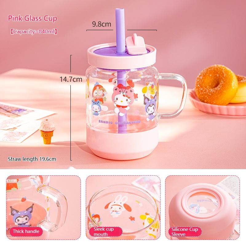 For Sanrio Straw Glass Cup High Borosilicate Glass Coffee Milk Mug Cartoon Juice Oat Cup with Heat-resistant Silicone Cup Sleeve