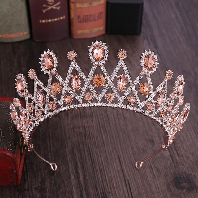 Fashion Rose Gold Peach Color Crystal Rhinestone Wedding Hair Accessories Queen Princess Diadems Women Tiara Crown Head Jewelry