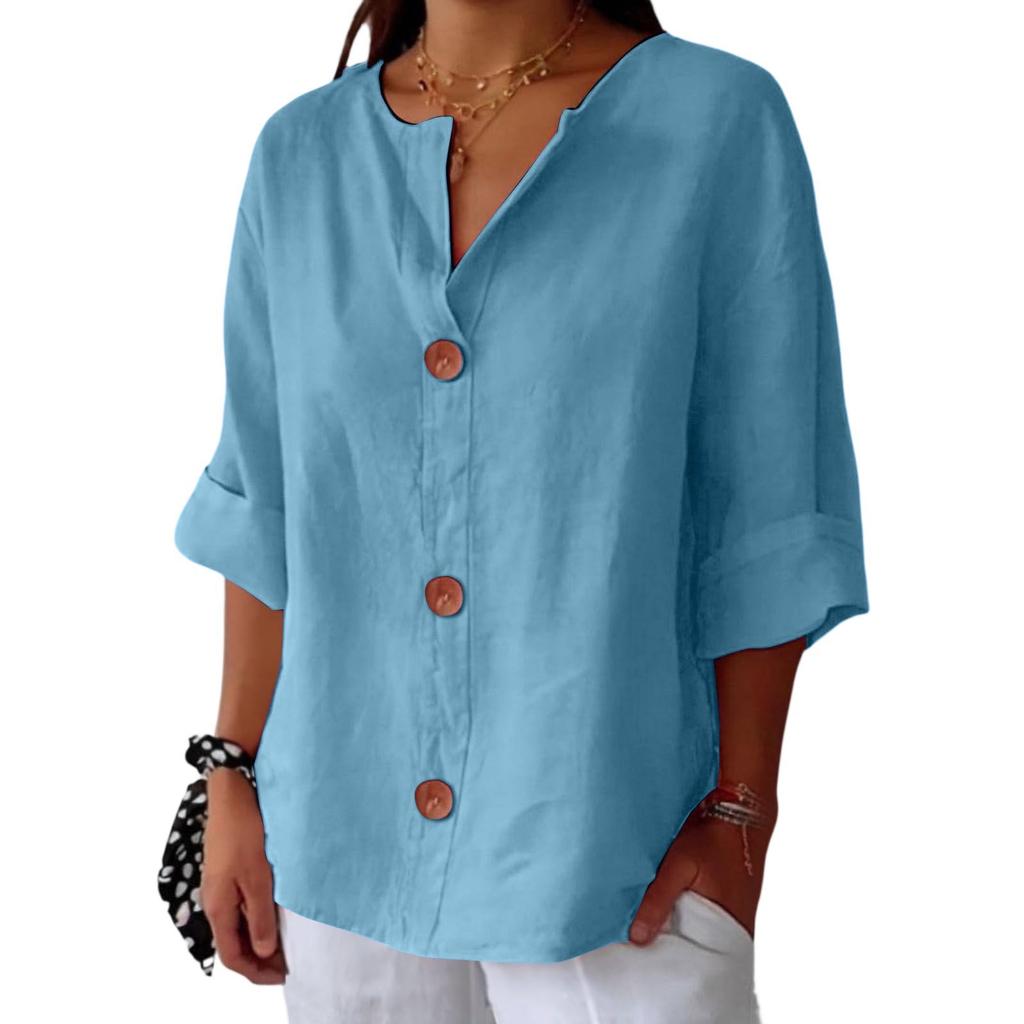 Women's Fashion Casual V-Neck Buttoned Seven-Point Sleeve Cotton T-Shirt Top