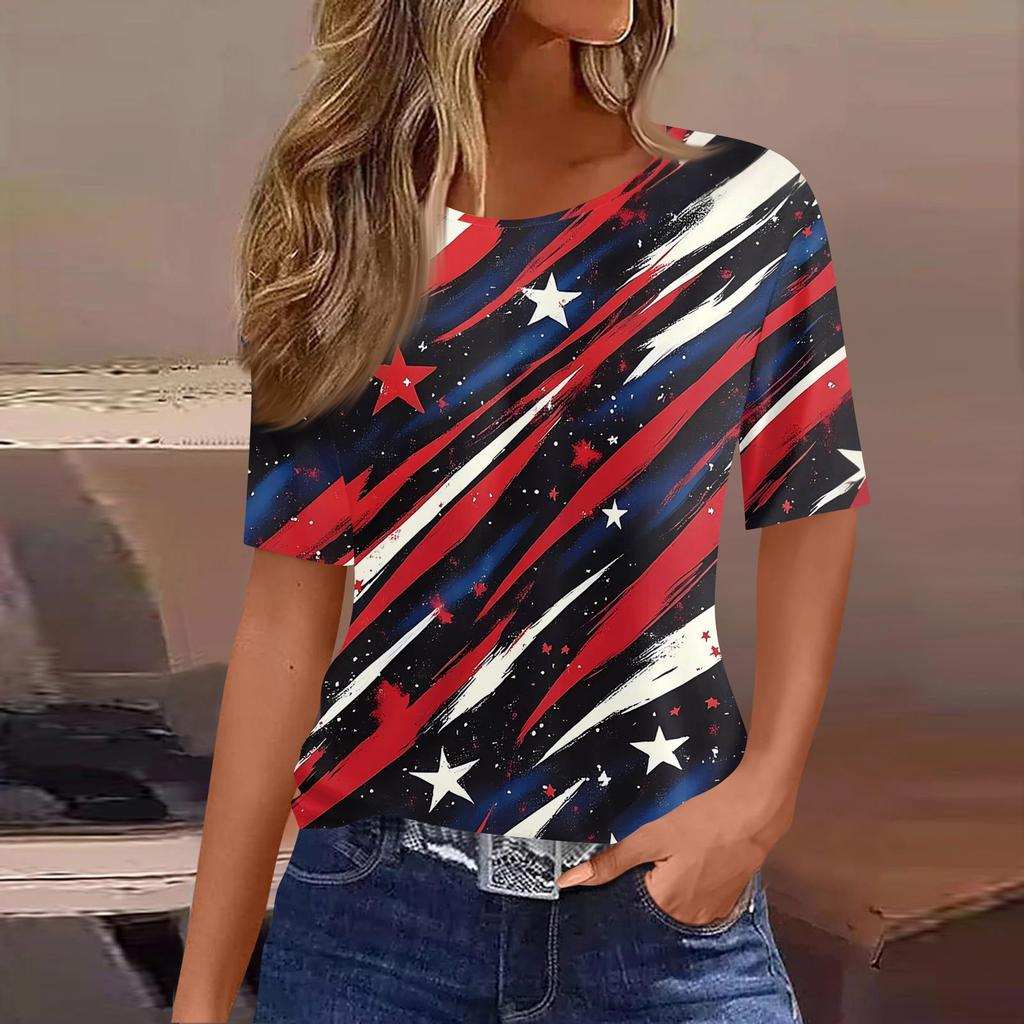 Damski modny, swobodny, krótki rękaw, nadruk, okrągły dekolt, bluzka typu pullover