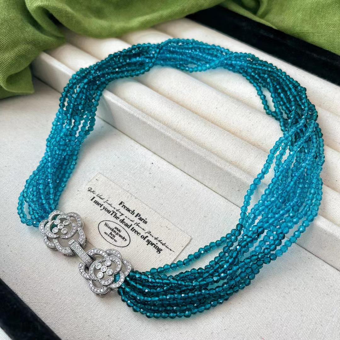 Retro Style Romantic Lazy Multi-Layer Peacock Blue Gradual Change Color Artificial Crystal Collarbone Chain Necklace Female