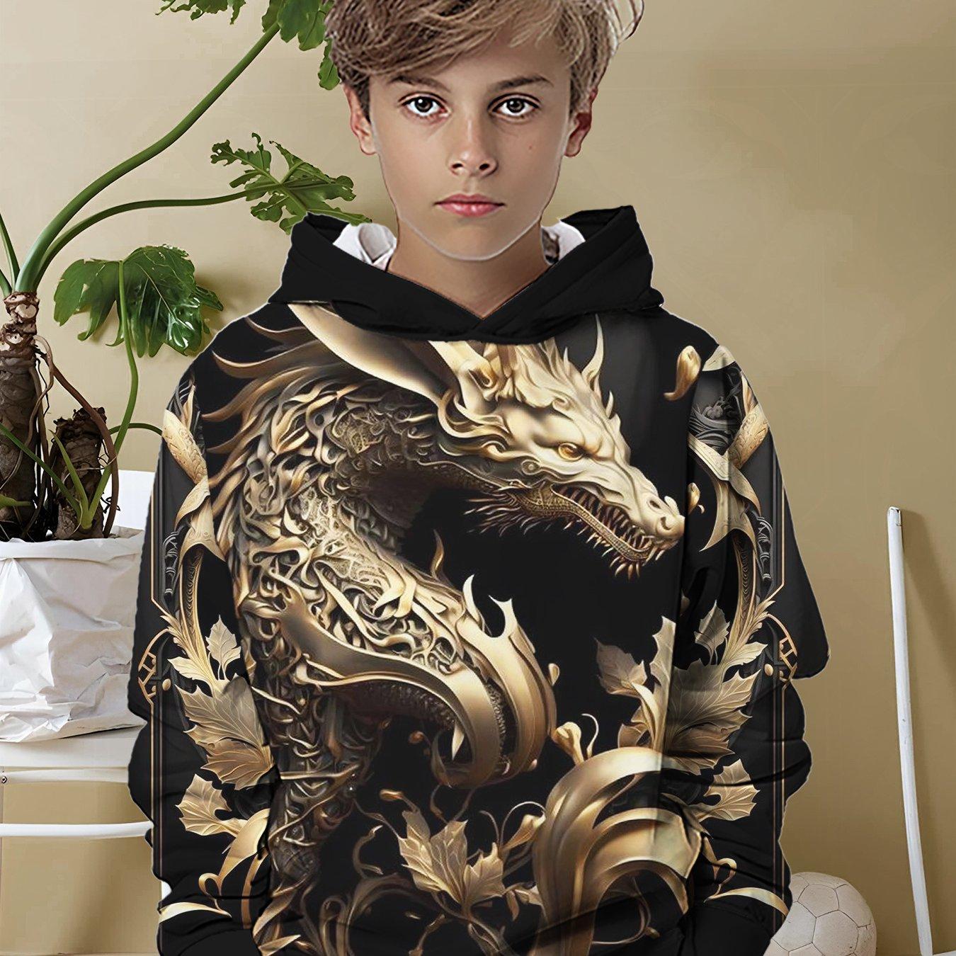 

Мужской властный узор золотого дракона 3D-принт толстовка с капюшоном с длинными рукавами повседневный универсальный пуловер 13-14Y