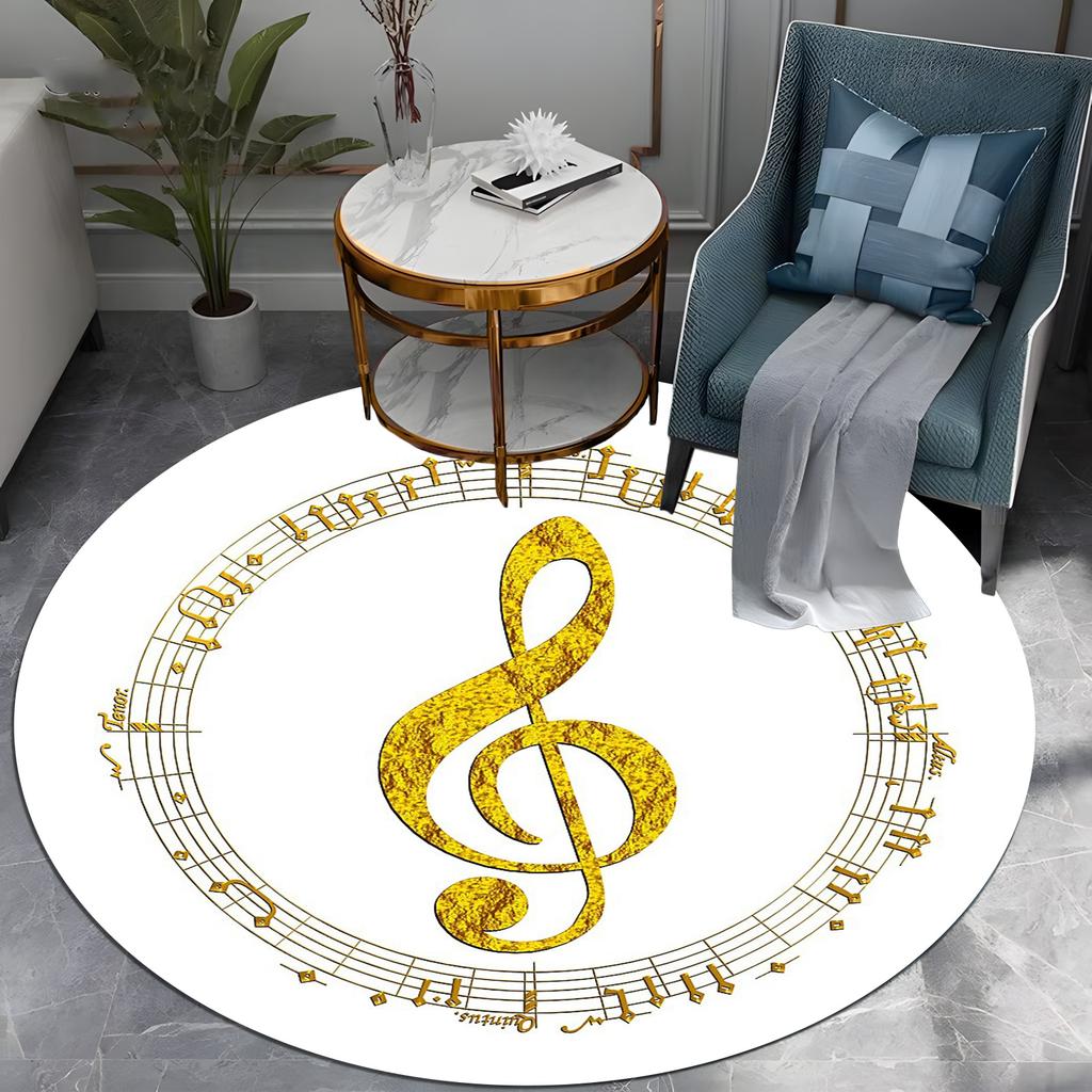 Golden Music Note Round Rug Shiny Metallic Instrument Design,Non-Slip Living Room Carpet,Luxurious Home Decor Gift for Musicians