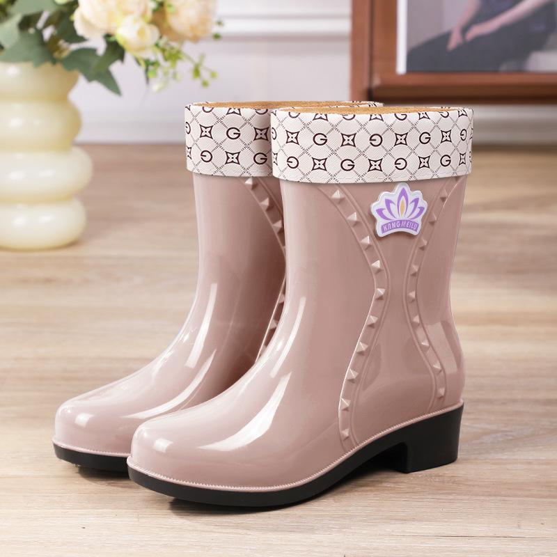 Rain Shoes Women's Medium Tube Velvet Rain Boots Fashionable New Waterproof Shoes Women's Non-slip Medium Tube High-end Overshoes
